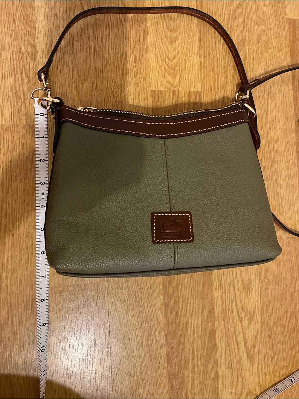 Dooney & Bourke Olive Green Pebbled Leather Shoulder Bag with Brown Trim